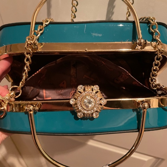 La Terre Purse Patent Turquoise Leather Rhinestones Evening Bag NWTs Crossbody - Picture 7 of 9